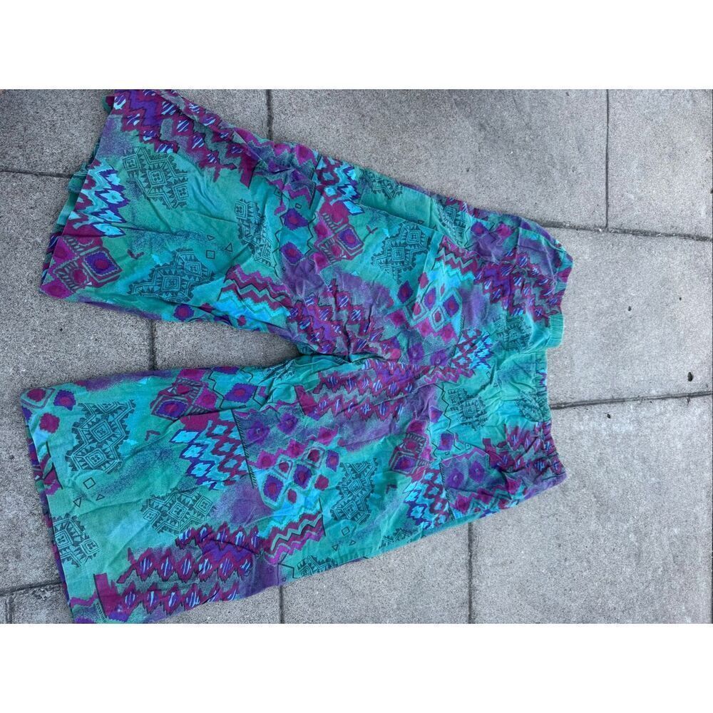 Vintage 90s Capri Pants Womens Petite L Colorful Southwestern Elastic Waist Retr - Picture 4 of 6